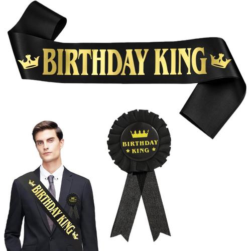 Ensemble 2 pièces écharpe Anniversaire King et Insigne - Bannière Satin Noire Feuille d'or - Accessoires fête Homme-garçon - Déco Anniversaire Chic