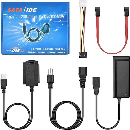 Câble convertisseur SATA/PATA/IDE vers USB 2.0 pour disque dur HDD SSD 2,5"" 3,5"" avec alimentation externe AC, compatible avec tous les systèmes informatiques, ordinateurs portables, PC, Mac