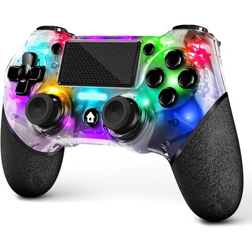 Contrôleur Sans Fil Pour Ps4, Design Transparent Avec Rgb Light Turbo/Prise Audio 3,5 Mm/Capteur Gyroscopique 6 Axes/Double Vibration/Pavé Tactile Compatible Ps4/Pro/Slim/Pc(Win 7/8/10)