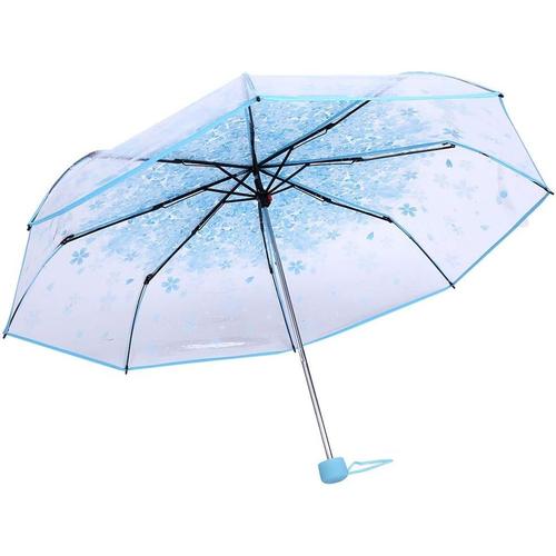 Parapluie Sakura Parapluie de poche Transparent Parapluie Princesse Mode Fleur de Cerisier Quatre Couleurs pour Filles Garçons Étudiants Femmes (Bleu)