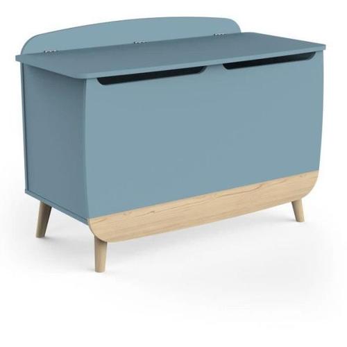 Coffre A Jouets - Firmiana - Style Scandinave - Bleu Orage Et Bois Naturel - 82,4 X 39,1 X 58,9 Cm - Demeyere