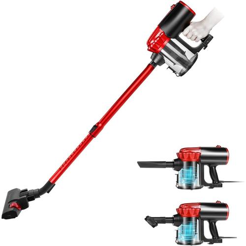 Aspirateur Balai sans Sac, Aspirateur à Main 2 en 1(800W/16Kpa Puissance d'aspiration, Filtration HEPA, Brosse pour Sols Durs et Escaliers) Noir/Rouge