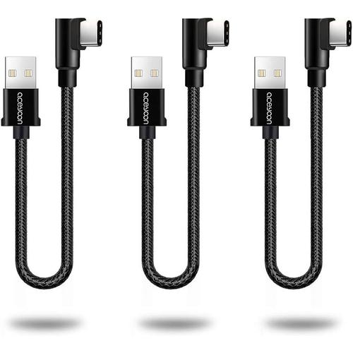 Lot de 3 Cable USB C Coudé, 30CM Cable USB C Charge Rapide en Nylon Tressé Cable USB Type C Compatible avec Samsung S21 S20 S10 A20e A51 P40 Lite P30 ¿Noir¿