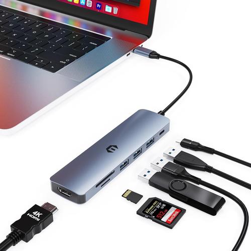 Hub USB C pour MacBook Pro/Air, Dell, HP, Lenovo - Adaptateur USB C 7 en 1 avec HDMI 4K, 3 Ports USB 3.0, Type C PD 100W, Lecteur de Carte SD/TF