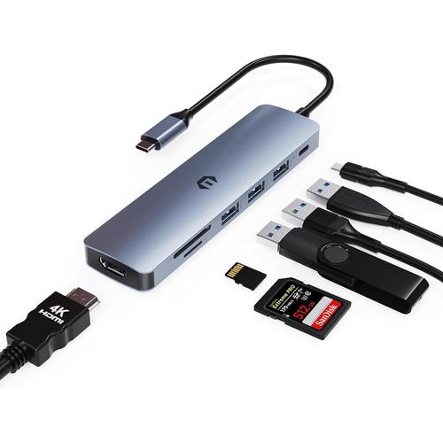 Adaptateur USB C, Hub USB C 7 en 1 avec HDMI 4K, 3 x USB 3.0, Type C PD 100W, Lecteur de Carte SD/TF pour Macbook Pro/Air, Dell, HP, Lenovo