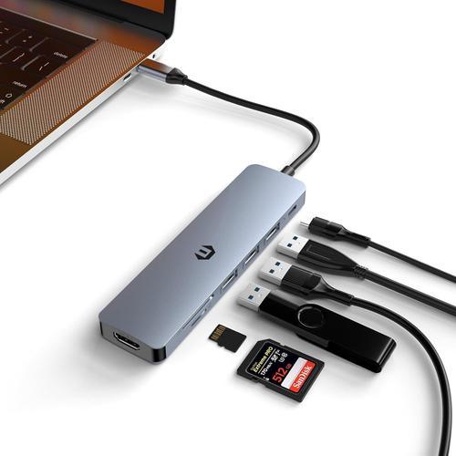 USB C Hub, USB C 7-en-1 à HDMI 4K, USB C Data Transmission, PD 100W, 3 x USB 3.0, SD/TF, Port Audio pour MacBook Pro/Air, Dell, HP Lenovo