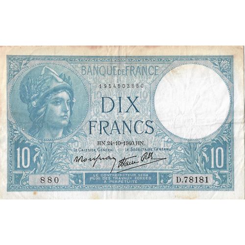 Billet De 10 Francs Minerve. Hn 24.10.1940. Hn