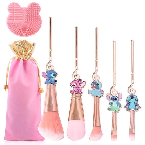 Lot De 6 Pinceaux De Maquillage Stitch Avec Tapis De Nettoyage, Lilon Et Stitch - Cadeaux Pour Filles Geenage - Pinceaux Cosmétiques Portables Pour Poudre, Fard À Paupières, Blushes, Lèvres 