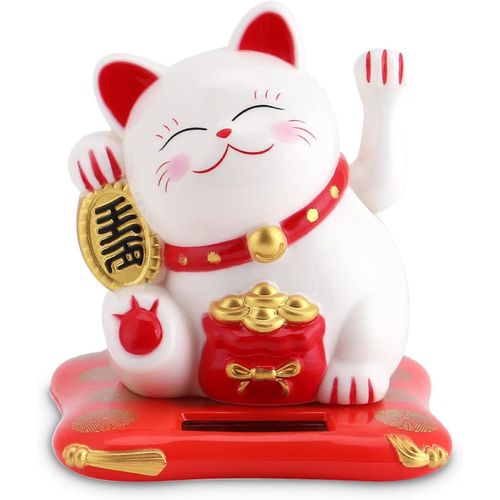 Chat Porte-Bonheur, Mini Statue de Chat Japonais Maneki Neko avec Bras ondulant à énergie Solaire pour la décoration de Tableau de Bord de Voiture à la Maison(Blanc)