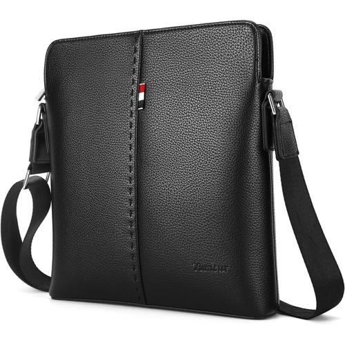 Sac à Bandoulière Sacoche Homme, IPAD Sac Bandoulière en Cuir Souple Véritable Business Élégant Besaces Grand Sac à Dos Sac de Messager Sangle Réglable,Noir