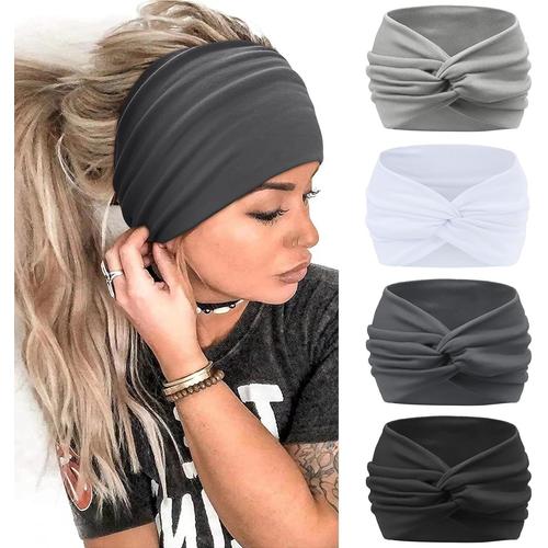 Bandeau Cheveux Femme 4 Pcs 7'' Extra Large Serre Tete Femme Élastique Bandana Yoga Sport Foulard Cheveux Femme Multicolore Headband Accessoire Cheveux (Gris)