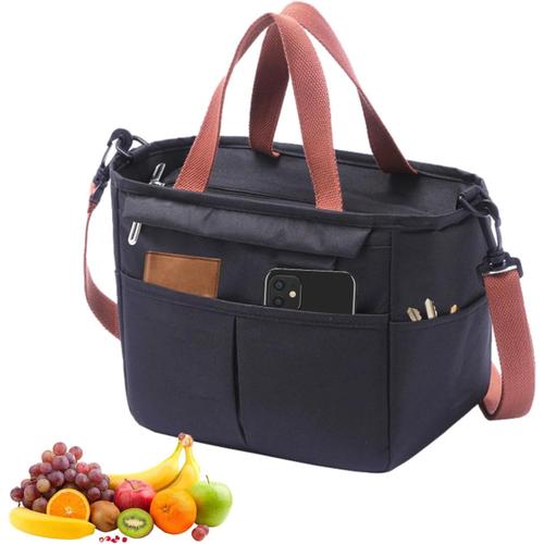 Noir Sac À Lunch Femme,Sac À Lunch Isotherme - Sac De Pique-Nique Étanche Avec Bandoulière,Boîte À Déjeuner Thermique, Sac Chauffant Pour Aliments, Fourre-Tout Réutilisable Pour Bureau,