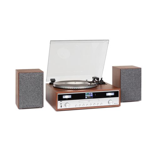 auna Birmingham Système HiFi stéréo complet avec tuner radio DAB+/FM , Bluetooth , platine vinyle , lecteur CD , port USB & entrée AUX - Design bois