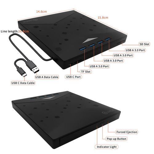 Qumox Graveur DVD CD Externe, Lecteur CD DVD Externe, USB 3.0 Avec 4 Ports USB A Et 2 Lecteurs Cartes TF/SD Ultra Fine Pour PC Ordinateur Portable Mac,PC Windows 11/10/8/7 Linux OS