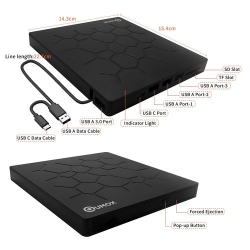 Qumox Graveur DVD CD Externe, Lecteur CD DVD Externe, USB 3.0 Avec 3 Ports USB A ,1 port USB -C 2 port Cartes TF/SD, Ultra Fine Pour PC Ordinateur Portable Mac,PC Windows 11/10/8/7 Linux OS