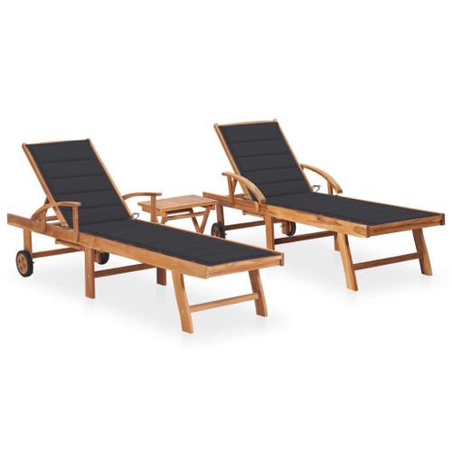 Vidaxl Chaises Longues Lot De 2 Avec Table Et Coussin Bois Teck Solide