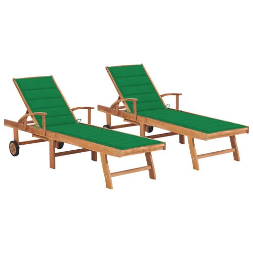 Vidaxl Chaises Longues Lot De 2 Avec Coussin Vert Bois De Teck Solide