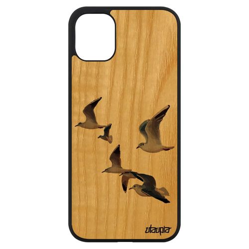 Coque Iphone 11 Bois Silicone Oiseaux Mouettes Marron Pas Cher Mer Case Nature Marin Etui Motif Animal Design Originale Rigide