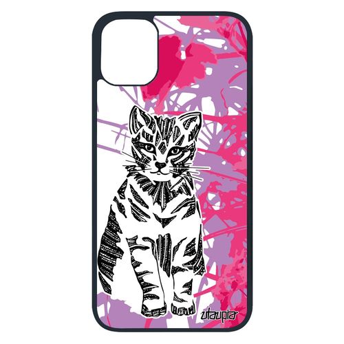 Coque Silicone Pour Iphone 11 Pro Chat Ethnique Tigré Feuilles Caoutchouc De Protection Case Minou Azteque Fleur Tribal Rose