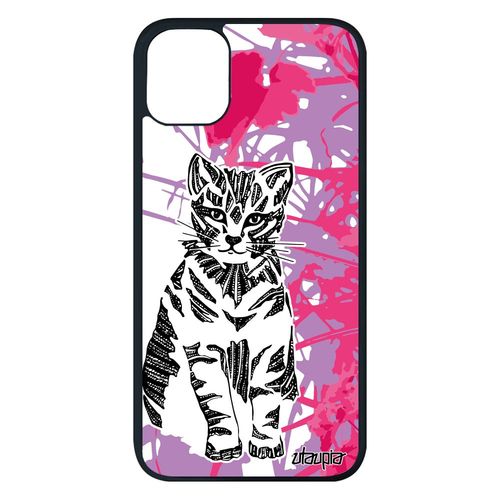 Coque Telephone Iphone 11 Pro Max En Silicone Chat Mignon Ethnique Azteque Animal Dessin Nature Rose Fleur Minou Fille Tribal