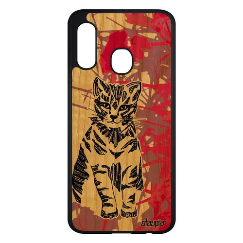 Coque Chat Samsung Galaxy A20e En Bois Silicone Tribal Personnalisé Tigré Rose Dessin Souple Azteque Chaton Mignon Nature Fille Case