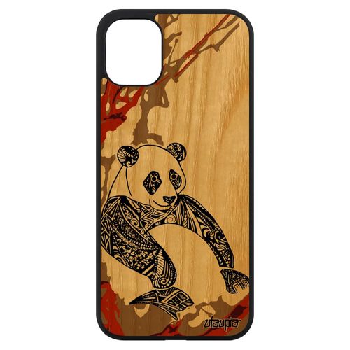 Coque Iphone 11 En Bois Silicone Panda Ecologie Smartphone Azteque Bamboo Animal Art Graphique Marron Etui Made In France
