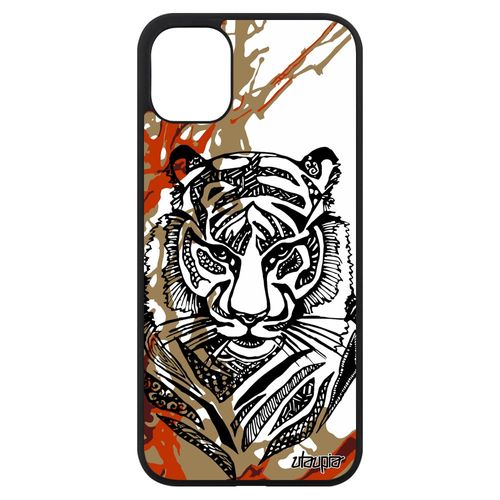 Coque Tigre Iphone 11 Silicone Metal Antichoc Bengal Ethnique Peinture Arbre Tribal Fauve Azteque Homme Dessin Case Marron Art