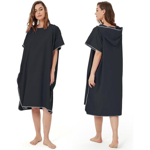 Poncho De Bain Adultes - Aqsacokiya - Robe De Plage Et Serviette De Plage - Poncho Surf Séchage Rapide - Microfibre - Noir