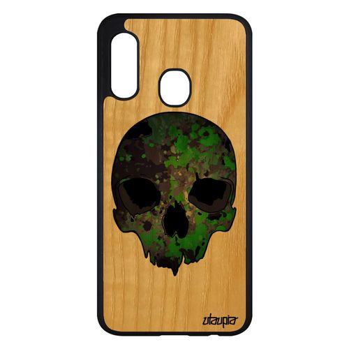Coque Bois Samsung Galaxy A20e Silicone Tete De Mort Militaire Camouflage Punk Vert Housse Tpu Homme Unique Squelette Epouvante Army