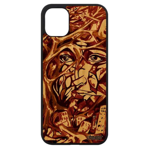 Coque Bois Iphone 11 Silicone Portrait Street Art Peinture Huile Artisanat Visage Arbre Femme Antichoc Marron Abstrait Unique