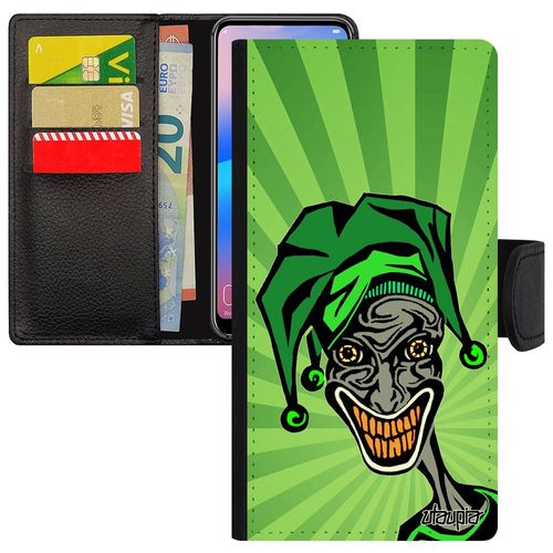 Coque Pour Samsung Galaxy A20e En Simili Cuir Joker Cartoon Comics Horreur Pochette Vert Motif Dessin Bd Drole Clown Smile Housse 4g