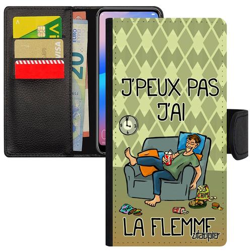 Coque Pour Samsung Galaxy A20e Portefeuille Porte Cartes J'peux Pas J'ai La Flemme Humour Bd Fatigué Texte Etui Vert Jpeux Feignant