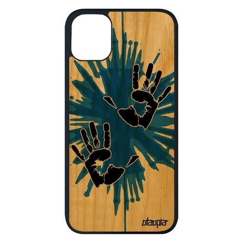 Coque Silicone Pour Iphone 11 Pro Max En Bois Main Motif 128 Go Peinture Bleu Telephone Unique 4g De Protection Empreinte Deux