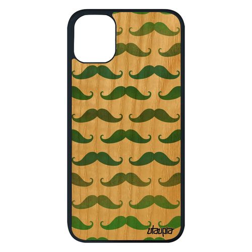 Coque Iphone 11 Pro Max En Bois Veritable Et Silicone Moustache Rigide Peinture De Protection Vintage Dessin Vert Pipe Homme