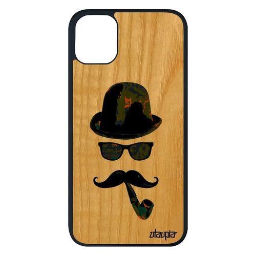 Coque Homme Moustache Iphone 11 Pro Max En Bois Et Silicone Pipe Art Monsieur Housse Street Art Personnalisé Vintage Vert Etui