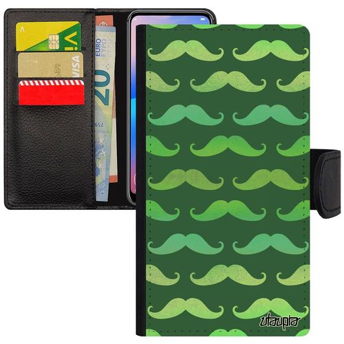 Coque Pour Iphone 11 Portefeuille Moustache Fantaisie Vert Imprime Couleur Vintage Etui Mobile Chapeau Melon En Made In France