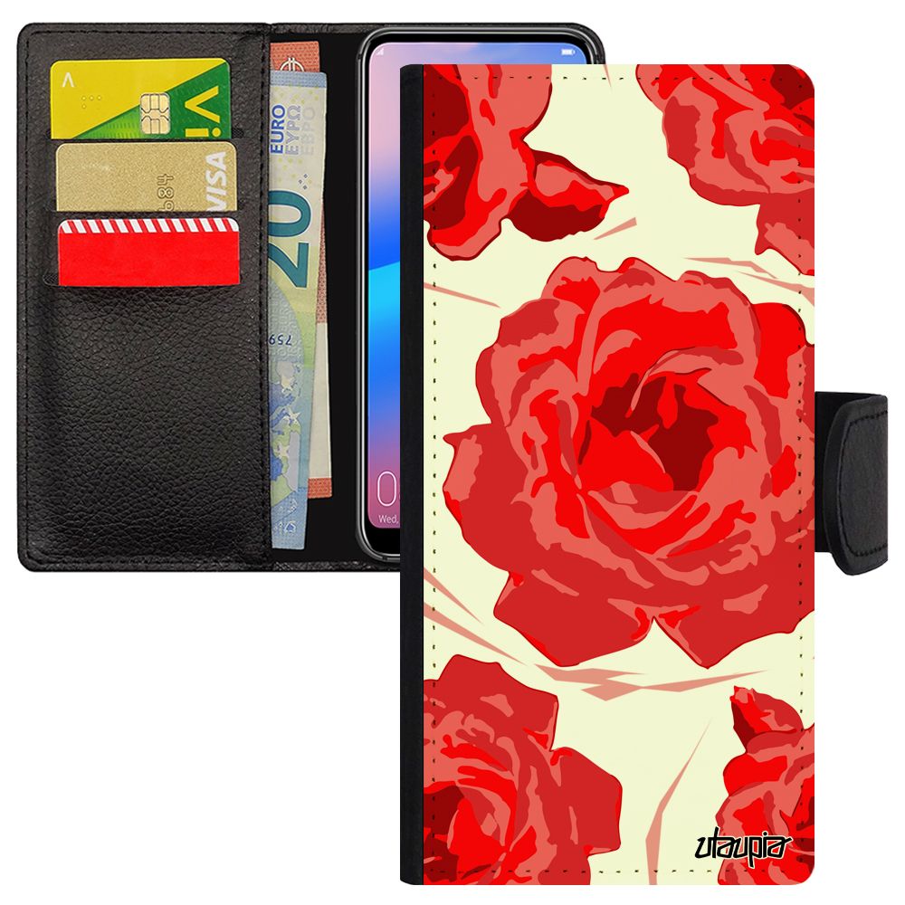 Coque Rose Fleur Pour Moto G6 Cuir Portefeuille Tatouage Floral Plante Dessin De Protection Nature Rouge Petale De À Clapet Motorola