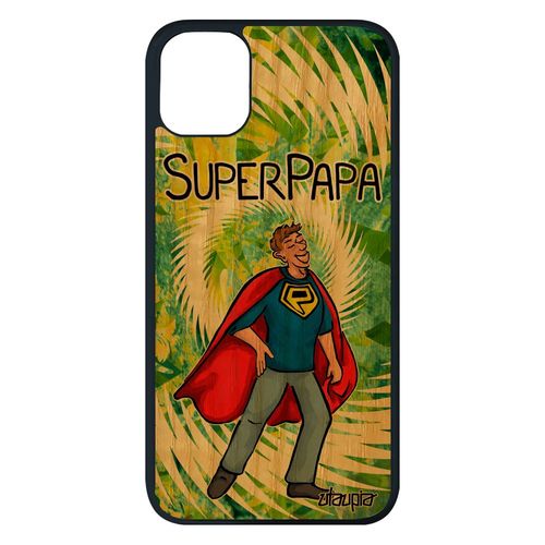 Coque En Bois Naturel Super Papa Iphone 11 Pro Max Silicone Humour Naissance Fille Père Drole Bd Vert Solide Telephone Comique