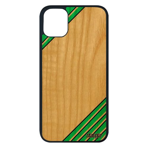 Coque Bois Silicone Iphone 11 Pro Max Moderne Unique Fond Effet Triangle Smartphone Frêne Portable Fait Main Design Vert Etui