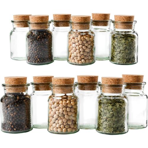 Transparent Lot De 12 Pots À Épices Réutilisables En Verre, Capacité : 150 Ml, Verres Ronds Avec Bouchon En Liège, Haute Qualité, Pour Conserver Les Épices, Le Thé, Les Herbes