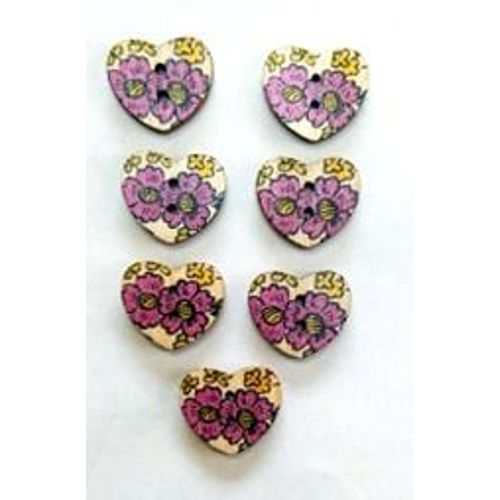 Mercerie Lot De 7 Boutons Décorés En Bois Forme Coeur