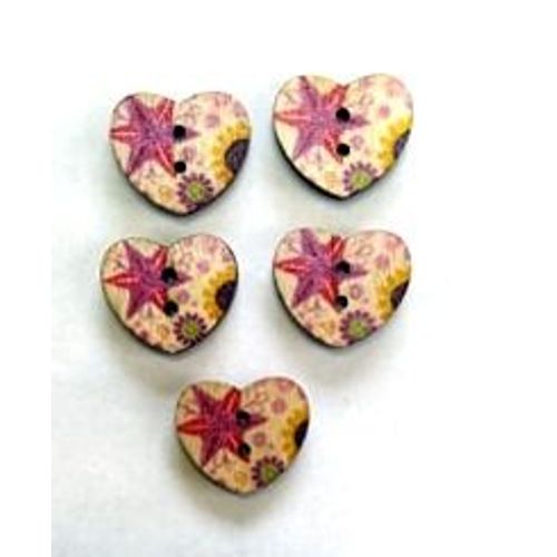 Mercerie Lot De 5 Boutons Décorés En Bois Forme Coeur