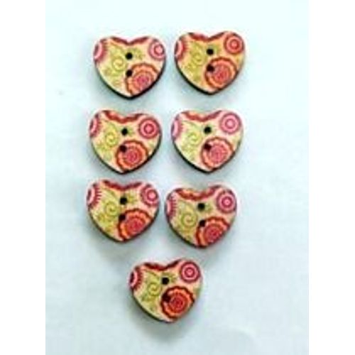 Mercerie Lot De 7 Boutons Décorés En Bois Forme Coeur