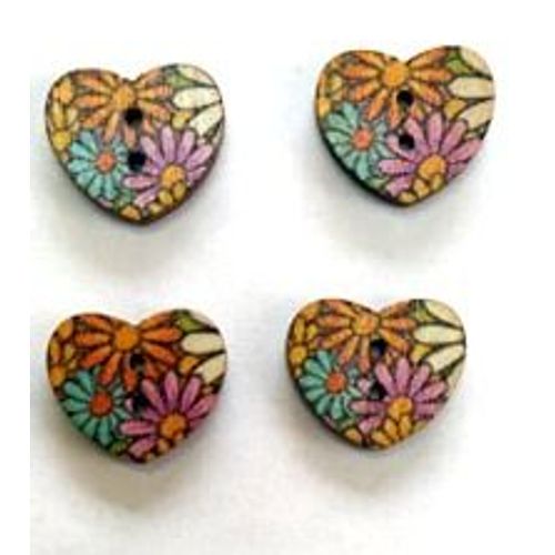 Mercerie Lot De 4 Boutons Décorés En Bois Forme Coeur