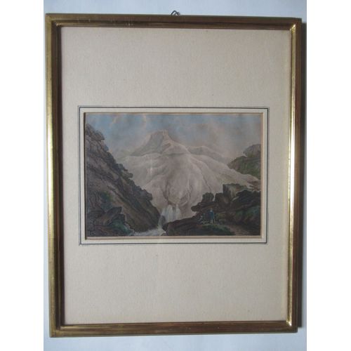 Gravure Colorisée À La Main Vers 1830 Xixe Voyage Tourisme Suisse Au Pied Du Glacier Montagne De Glace Alpes Bernoises Ou Valais Alpinisme. Mountain Mountaineering Swiss Alps 19th Hand Colored Etching
