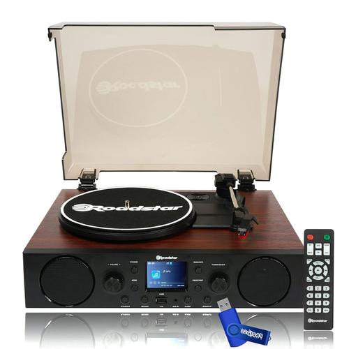 Tourne-disque vinyle 33/45/78 tr/min Roadstar TTR-8850ED+BT Radio FM/Dab+/RDS, Bluetooth USB/carte SD Télécommande, vintage bois