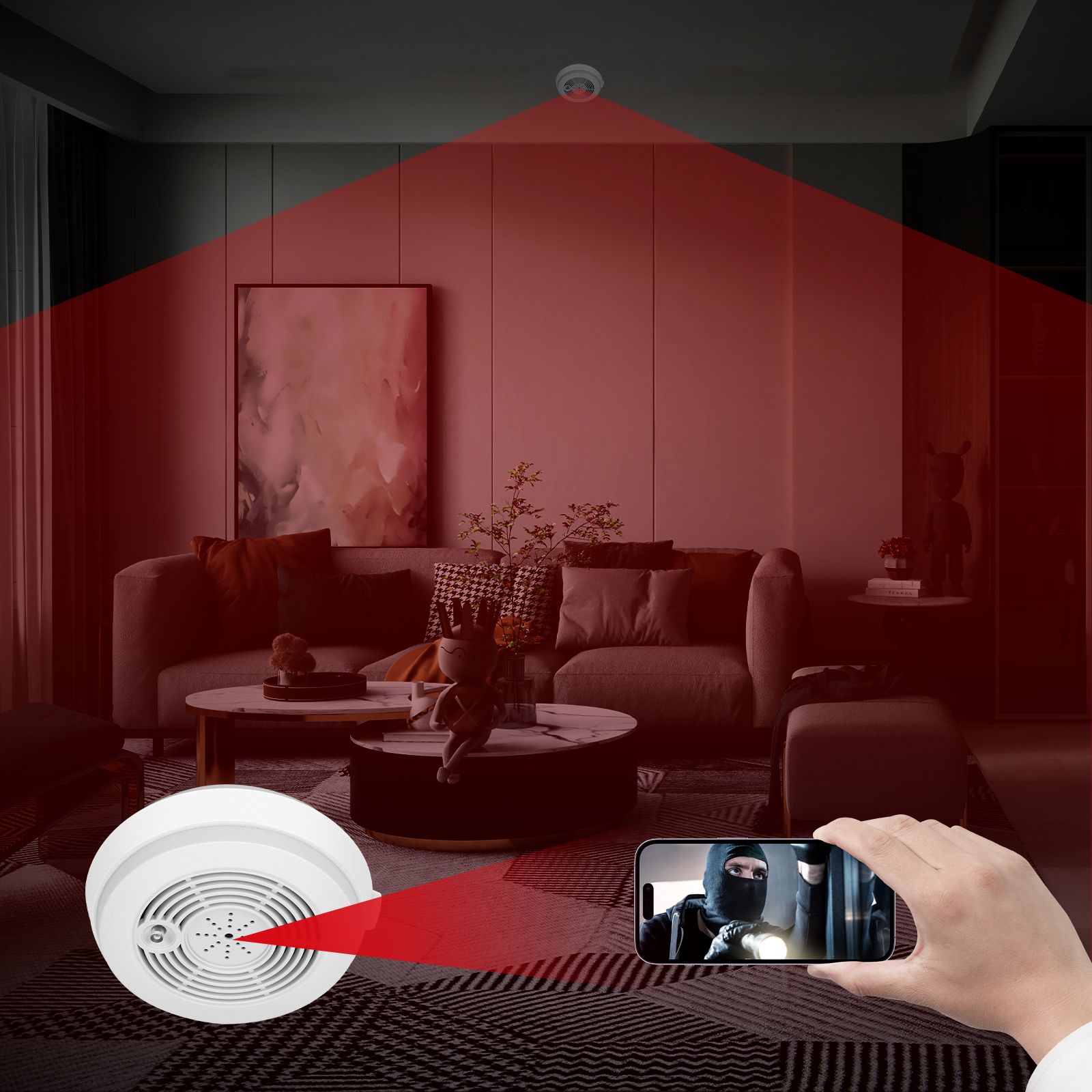 Détecteur de Fumée Caméra Espion Full HD 1080p PIR Vision Nocturne Wifi App Android iOs + SD 128Go YONIS