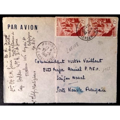 1948 : Enveloppe Poste Navale Avec Cachet Paris 118 Adressée Au Commandant Victor Vaillant De L'etat-Major Amiral À Saïgon (F.M.E.D)