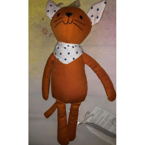 Doudou Renard Chat Orange Roux Bandana Foulard Blanc Etoiles Bleues Peluche Jouet Naissance Bebe Passeport Doudoublure Monop