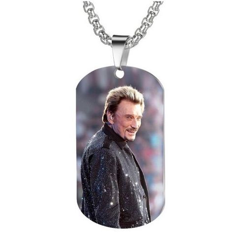 Pendentif Johnny Hallyday Résine Sur Support Acier Poli & Sa Chaine Assortie